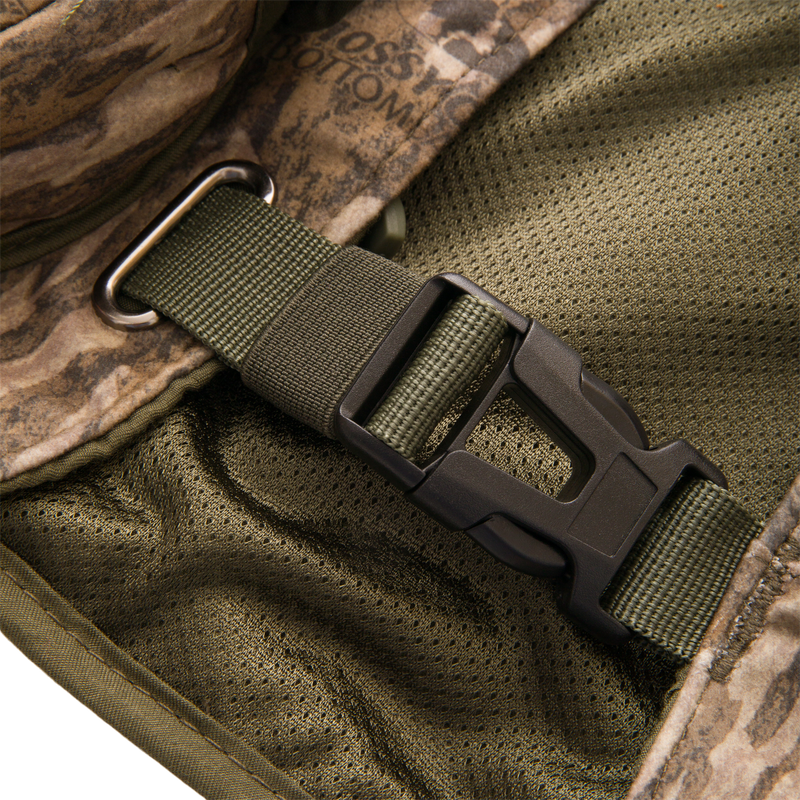Time & Motion™ Gunslinger Turkey Vest showing close-up of sturdy straps and buckles, highlighting its weight distribution feature for organized outdoor hunting gear access.
