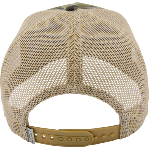 LOST Hat X Ol Tom Easy 5-Panel Trucker Cap, showcasing a tan mesh back with a snapback closure for adjustable fit.