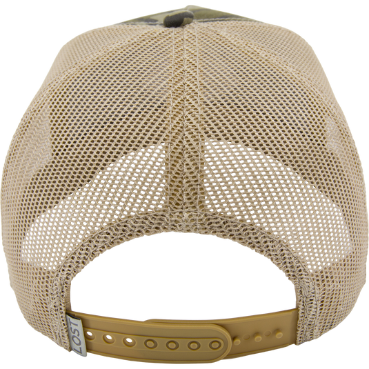 LOST Hat X Ol Tom Easy 5-Panel Trucker Cap, showcasing a tan mesh back with a snapback closure for adjustable fit.