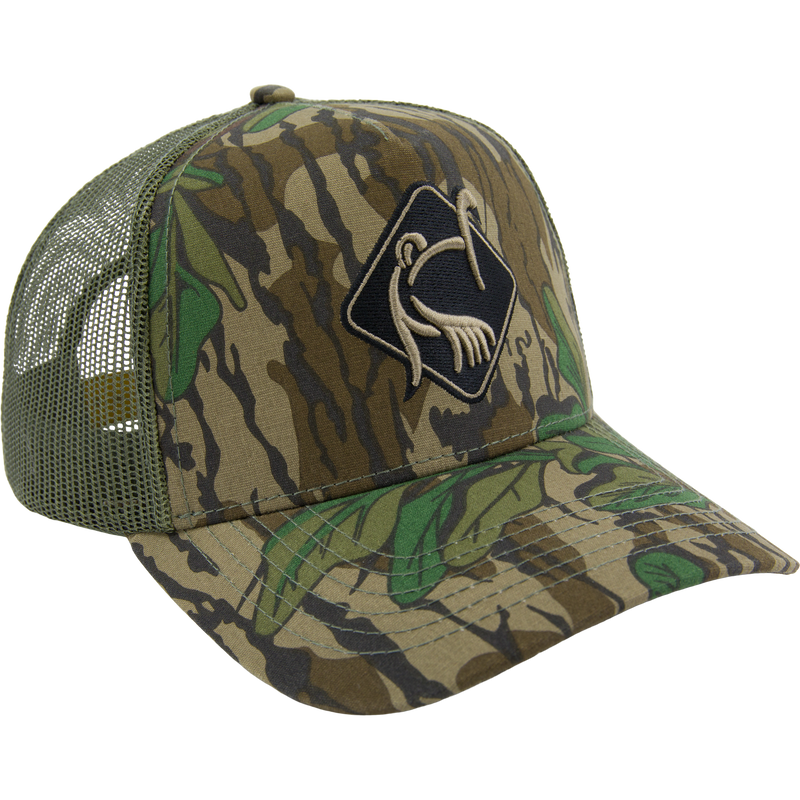 LOST Hat X Ol Tom Easy 5-Panel Trucker Cap with woodland camo, mesh back, and 3D puff turkey embroidery on front, ideal for hunting and outdoor activities.
