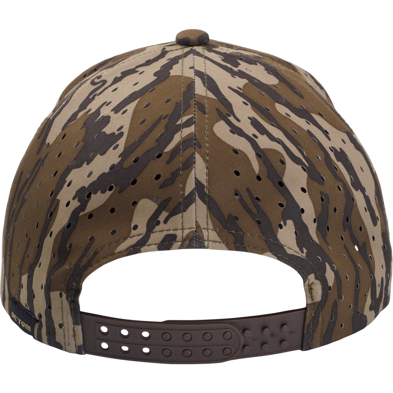 Ol' Tom Perforated Cap’s back view in tiger-stripe camo with ventilation, featuring a brown snap-back closure for adjustable sizing, ideal for outdoor activities.
