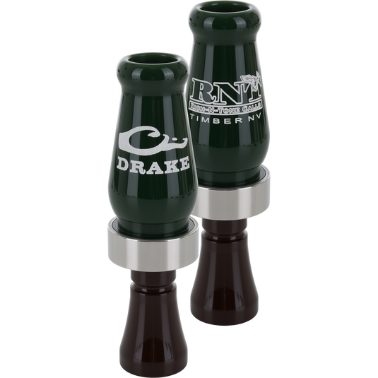 Limited Edition Drake x RNT Duck Call with dark-green acrylic barrel and brown mouthpiece, designed for versatile duck vocalizations and enhanced hunting performance.