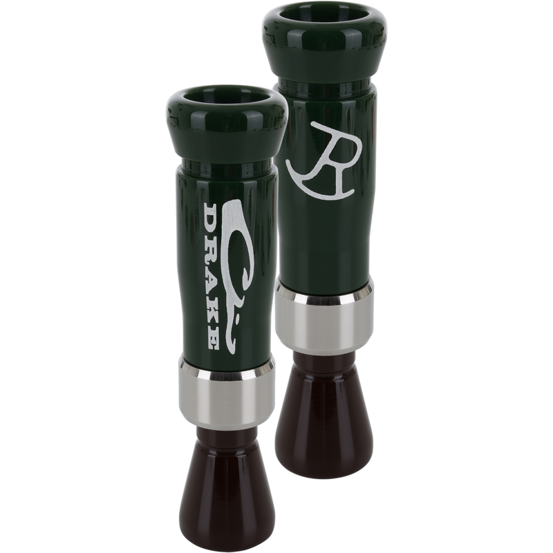 Limited Edition Drake x RNT Duck Call featuring dark green bodies with silver bands and brown mouthpieces, designed for mimicking duck sounds in hunting.