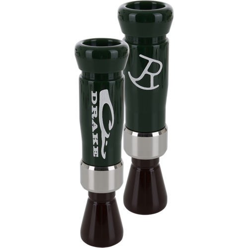 Limited Edition Drake x RNT Duck Call featuring dark green bodies with silver bands and brown mouthpieces, designed for mimicking duck sounds in hunting.