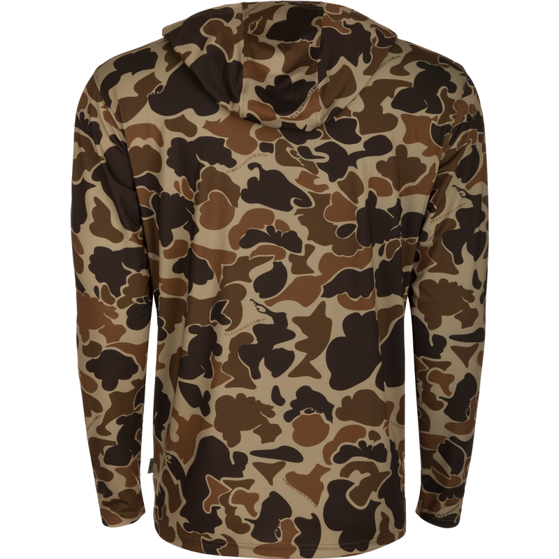 Texas A&M Performance Long Sleeve Camo Hoodie, featuring a versatile camouflage pattern and exceptional functionality for all weather conditions.