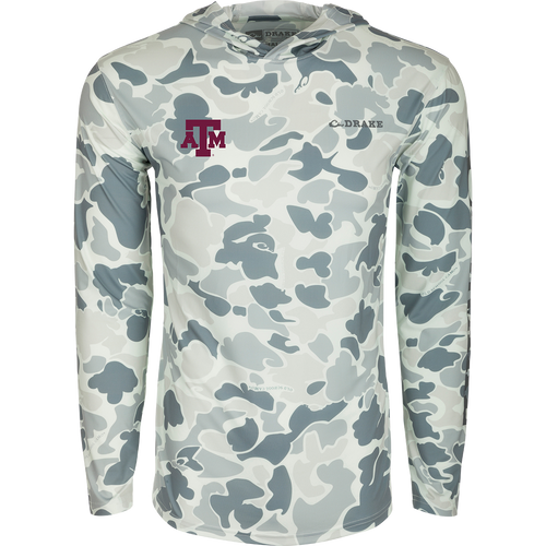 Texas A&M Performance Long Sleeve Camo Hoodie: Functional and versatile hoodie with logo, cooling fabric, UPF 50, moisture-wicking, and quick-drying features. Lightweight for year-round wear.