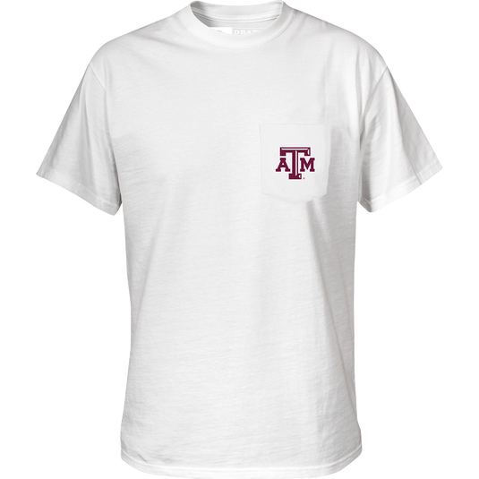 Texas A&M Saturdays T-Shirt: White cotton/poly blend tee with stylized logo saying 
