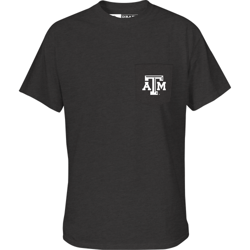 Texas A&M Cupped Up T-Shirt: A black shirt with a logo of a cupped up duck and other ducks in the background. Features your school's logo on the chest pocket and a catchphrase.