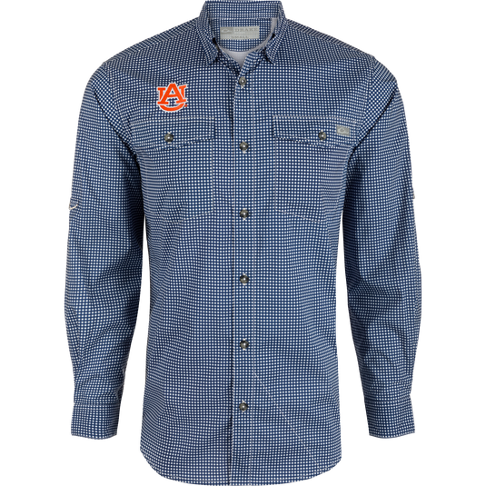Auburn Frat Gingham Long Sleeve Shirt with hidden collar, chest pockets, and adjustable roll-up sleeves. Lightweight, moisture-wicking fabric with UPF30 sun protection.