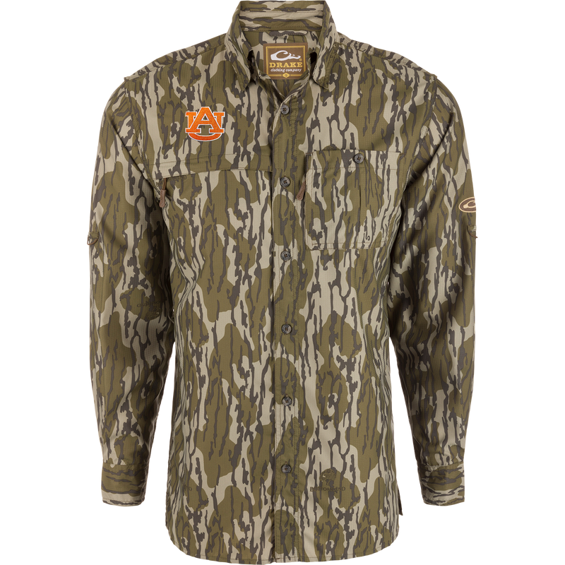 Clemson 8-Shot Long Sleeve Shirt with tree bark camo pattern, Auburn patch, vented cape back, two chest pockets, and hidden zippers, ideal for hunting.