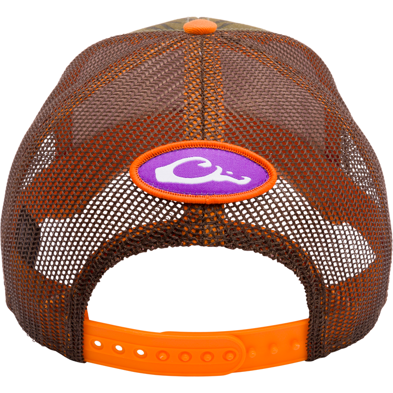 Clemson Bottomland Mesh Back Cap by Drake Waterfowl: Mossy Oak Bottomland Camo pattern on a structured trucker hat with embroidered college logo and adjustable snap-back closure.