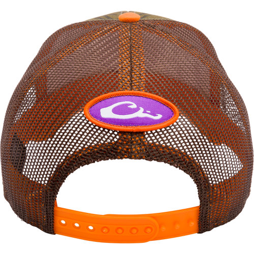Clemson Bottomland Mesh Back Cap by Drake Waterfowl: Mossy Oak Bottomland Camo pattern on a structured trucker hat with embroidered college logo and adjustable snap-back closure.