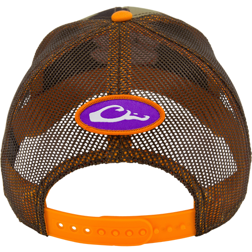 Clemson Old School Cap featuring a brown mesh crown with orange trim, snap closure, and a purple Cj logo, designed in a structured, low-profile trucker style.