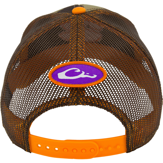 Clemson Old School Cap featuring a brown mesh crown with orange trim, snap closure, and a purple Cj logo, designed in a structured, low-profile trucker style.