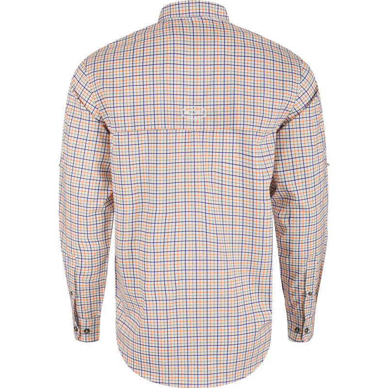 Clemson Frat Tattersall Long Sleeve Shirt, lightweight performance fabric with hidden collar, chest pockets, and vented cape back.