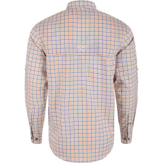 Clemson Frat Tattersall Long Sleeve Shirt, lightweight performance fabric with hidden collar, chest pockets, and vented cape back.