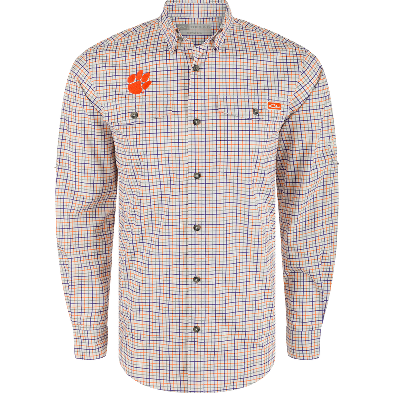 Clemson Frat Tattersall Long Sleeve Shirt with Tiger Paw Patch