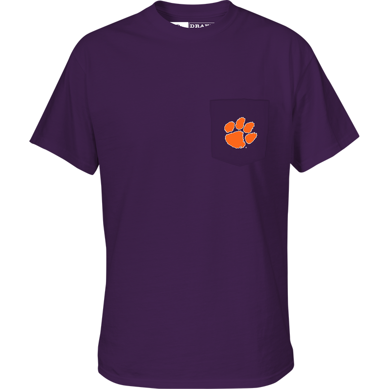 Clemson Black Lab T-Shirt with school logo on chest pocket and black lab head scene on back. Drake Waterfowl branding.
