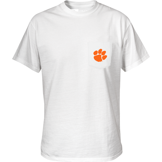 Clemson Drake Badge T-Shirt with paw print pocket, perfect for everyday wear and game days.