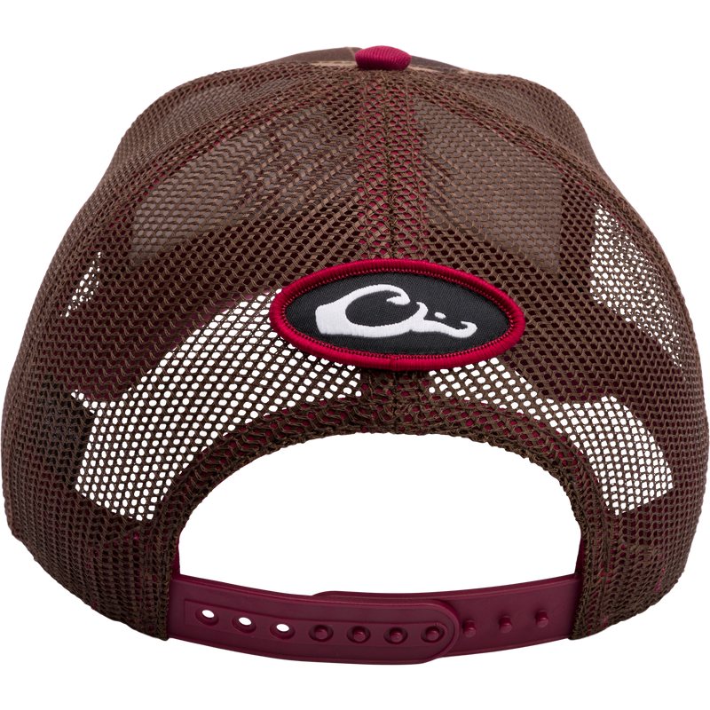 A Mississippi State Old School Cap with embroidered college logo on a brown hat with mesh panels. Structured 6-panel design, curved X-Peak visor, and adjustable snap-back closure. Ideal for hunting and casual wear.