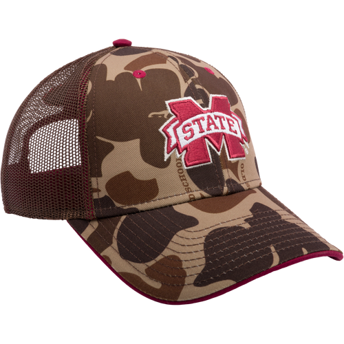 A Mississippi State Old School Cap featuring an embroidered college logo on a mesh back trucker hat with a snap-back closure. Ideal for hunting and casual wear.