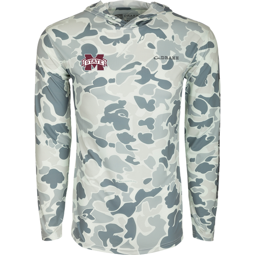 Mississippi State Performance Long Sleeve Camo Hoodie, featuring a logo on a long sleeved shirt. Lightweight, moisture-wicking, and UPF 50 for all-year wear.