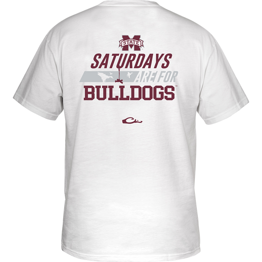 Mississippi State Saturdays T-Shirt: Back of a white shirt with red text saying 