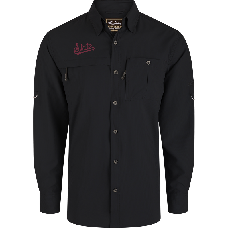 Mississippi State 8-Shot Long Sleeve Shirt with technical features, point collar, button placket, two chest pockets, and embroidered State logo, ideal for outdoor activities.