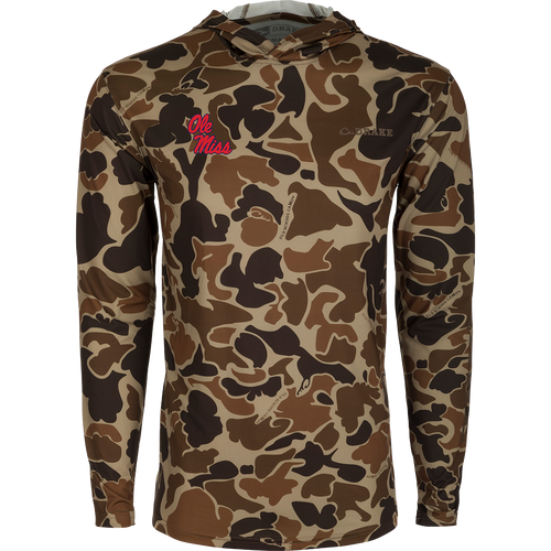 Ole Miss Performance Long Sleeve Camo Hoodie: A versatile, lightweight hoodie with built-in cooling, UPF 50 sun protection, and moisture-wicking properties.