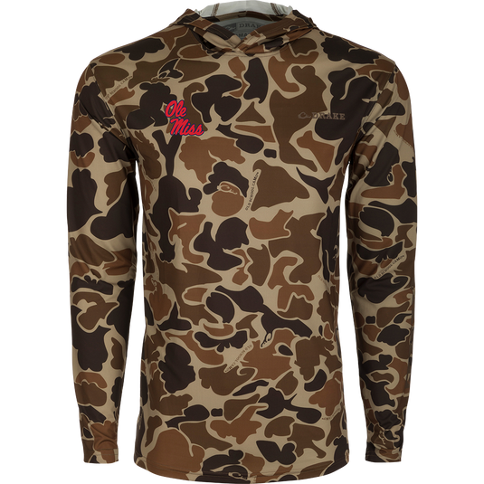 Ole Miss Performance Long Sleeve Camo Hoodie: A versatile, lightweight hoodie with built-in cooling, UPF 50 sun protection, and moisture-wicking properties.