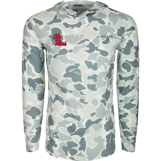 A long-sleeved performance camo hoodie with exceptional functionality and built-in cooling, UPF 50 sun protection, moisture-wicking, and quick-drying features. Lightweight and versatile, perfect for all weather conditions. From Drake Waterfowl, high-quality hunting gear and clothing.
