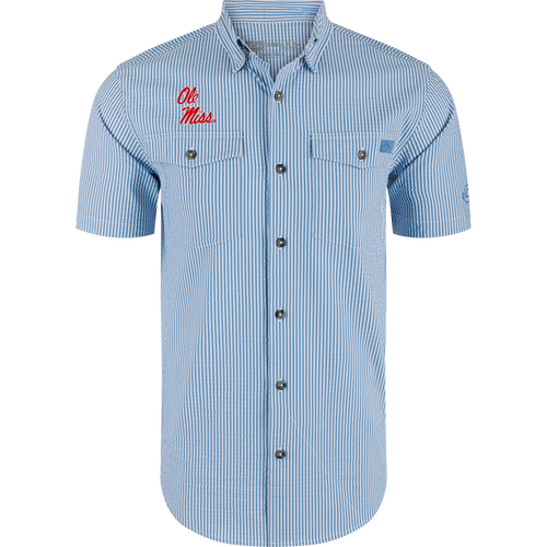 Ole Miss Frat Seersucker Short Sleeve Shirt with vertical stripes, two chest pockets, embroidered logo, button-down collar, vented cape back, ideal for game day wear.
