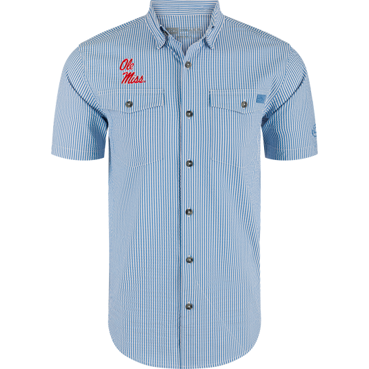 Ole Miss Frat Seersucker Short Sleeve Shirt with buttons, point collar, two chest flap pockets, red script embroidery, vented cape back, and sculpted hem sunglass wipe.
