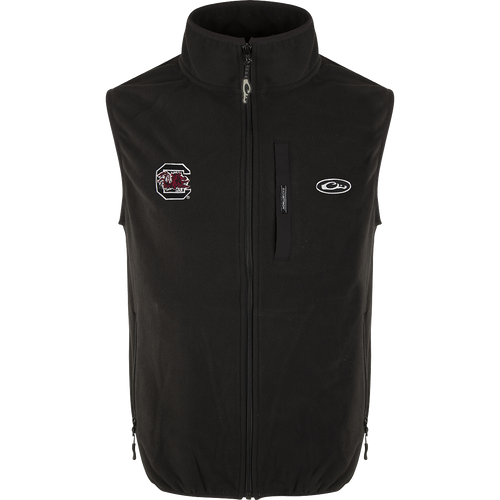South Carolina Camp Fleece Vest: Windproof layering vest with logo embroidery on right chest. Stand-up collar, Magnattach™ pocket, and hand warmer pockets.
