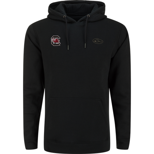South Carolina Three End Hoodie featuring a Gamecocks logo, kangaroo pocket, and drawstring hood. Crafted from 55% BCI Cotton and 45% Polyester for comfort and durability.
