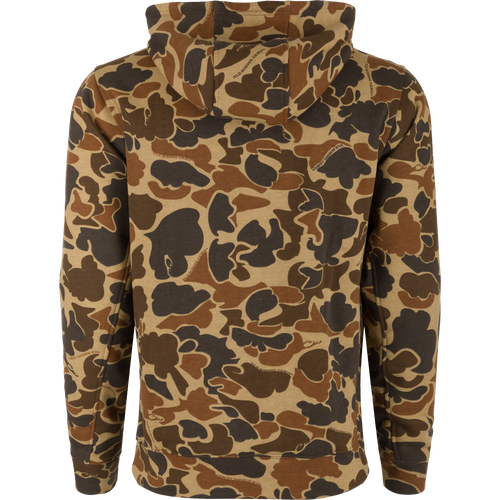 Back view of the South Carolina Three End Hoodie in camouflage print, featuring a lined hood, kangaroo pocket, and built-in stretch for hunting comfort.