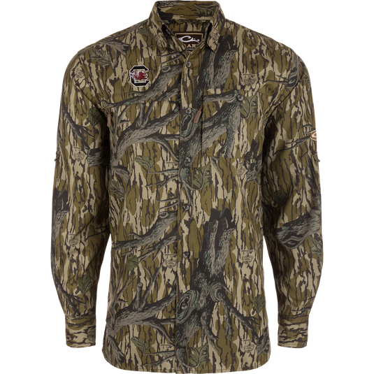 South Carolina 8-Shot Long Sleeve Shirt in woodland camo with Gamecocks logo, featuring button-front, chest pockets, and vented back for hunting and outdoor activities.