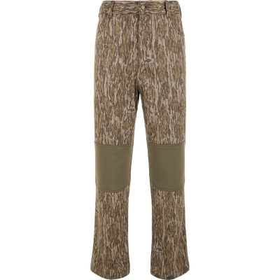 Spoonie Hollywood Pant in Mossy Oak Bottomland camo, featuring cold weather softshell construction and solid olive green knee panels.