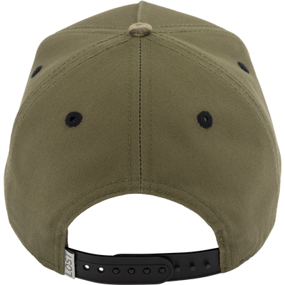 Olive green Spoonie Logo Cap with black eyelets, a camouflage button at the top, and an adjustable black plastic snapback strap for everyday wear.