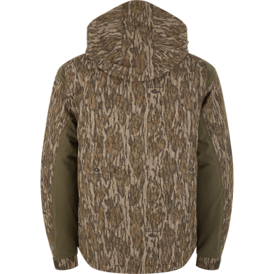 Back view of the Spoonie Shoveler Insulated Jacket featuring a tree bark camouflage pattern with solid olive green side panels.