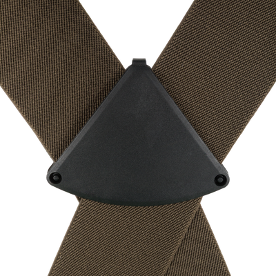 Close-up of wide olive-drab elastic suspender straps on Spoonie Mud-Sucker Neoprene Waders, crossing behind a black triangular plastic connector.