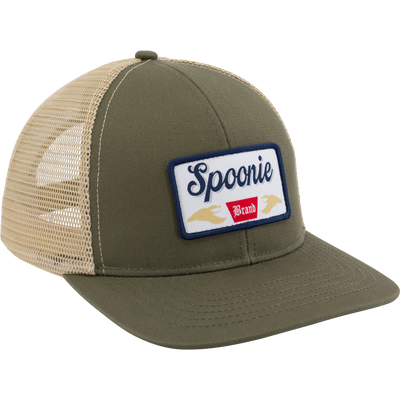 Stone Gray Spoonie Banquet Cap with a mesh back and a rectangular front patch featuring the text Spoonie Brand and two spoon icons.