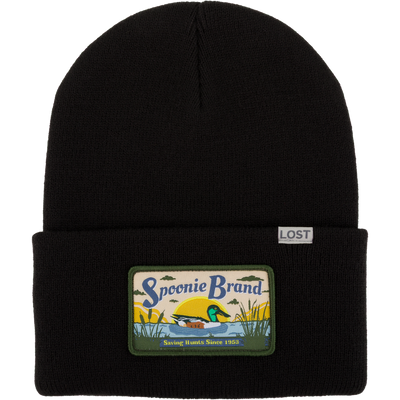 Black Spoonie Brand Patch Stocking Cap featuring a rectangular patch of a duck on a pond with the text Spoonie Brand Saving Hunts Since 1953 and a small LOST tab on the cuffed edge.