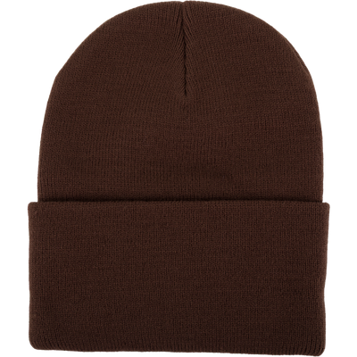Dark brown acrylic knit Spoonie Brand Patch Stocking Cap with a folded cuff, designed as reliable waterfowl hunting gear.