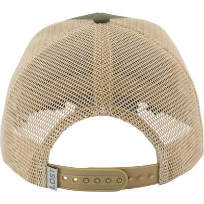 Back view of an olive and tan Spoonie Over Water Patch Cap with a breathable mesh back, a plastic snapback closure, and a small tag reading LOST on the strap.