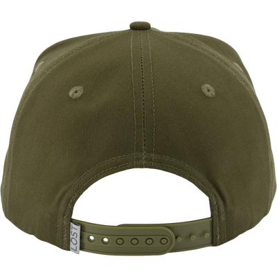 Back view of an olive green Spoonie Brand In Flight Cap, featuring an adjustable snapback closure and a small tag with the word LOST on the strap.