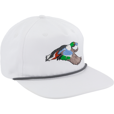White Spoonie Rope Cap featuring a dark gray rope across the brim and an embroidered mallard duck in flight on the front.