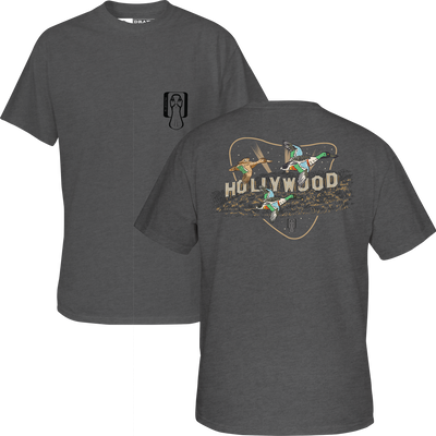 Graphite Heather Spoonie Hollywood Logo T-Shirt featuring a small duck head logo on the chest and a larger design on the back with three ducks flying over the word HOLLYWOOD inside a triangular border.