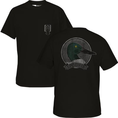 Black Spoonie Head Logo T-Shirt featuring a small duck head logo on the left chest and a large illustration of a Northern Shoveler duck inside a circular emblem on the back.