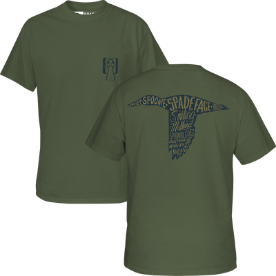 Deep Lichen Spoonie Spade Face Logo T-Shirt with a small duck face logo on the front left chest and a large duck silhouette on the back filled with words including Spoonie and Spade Face.
